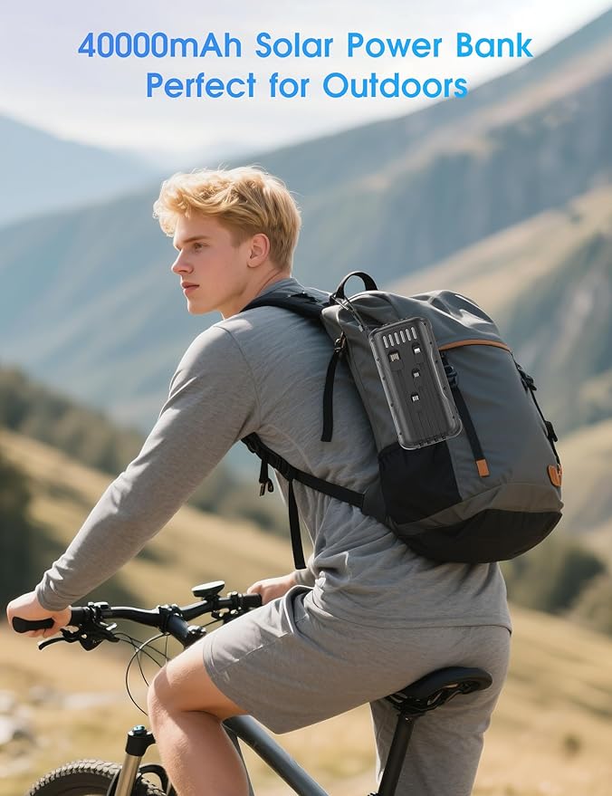 Solar Charger Power Bank, PD 20W Fast Charging External Batter, 40000mAh Portable Phone Charger Built in 4 Cables with Dual Bright Flashlights for Camping, Hiking, and Outdoor Use (Black)