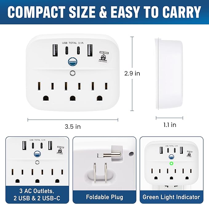 Cruise Approved Power Strip Foldable, Non Surge Protector Travel Power Strip, 2 USB-C, 2 USB, 3 AC Outlet Plugs - Cruise Essentials for Carnival, Celebrity, Princess & Major Lines in 2025 & 2026
