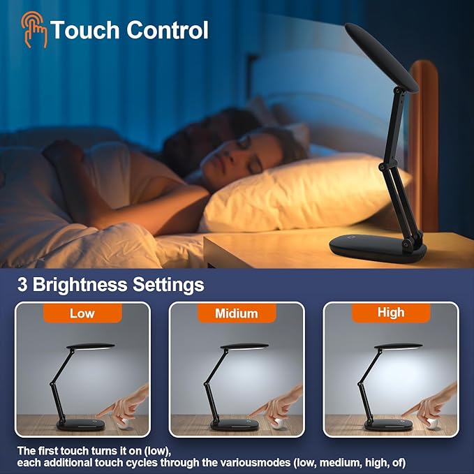LED Desk Lamp for Office Home & Battery Operated Lamp Rechargeable Lamp Foldable & Portable Light, [2-Fold Bracket] 3 Brightness Dimmable Small Desk Lamp Wireless Reading Lamp (Black)