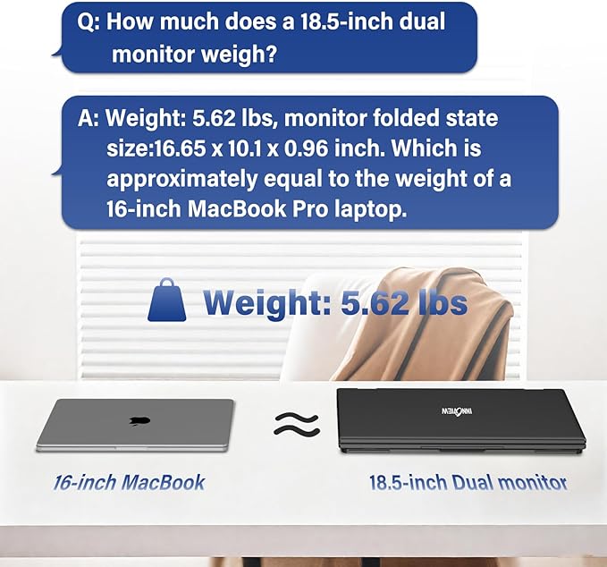 InnoView 18.5" 100Hz Dual Portable Monitor Built-in Speakers 115% sRGB 315°Adjustable Dual Stacked Folding Monitor (Wins/Mac) 1080P Laptop Screen Extender for Laptop(No Driver Needed)
