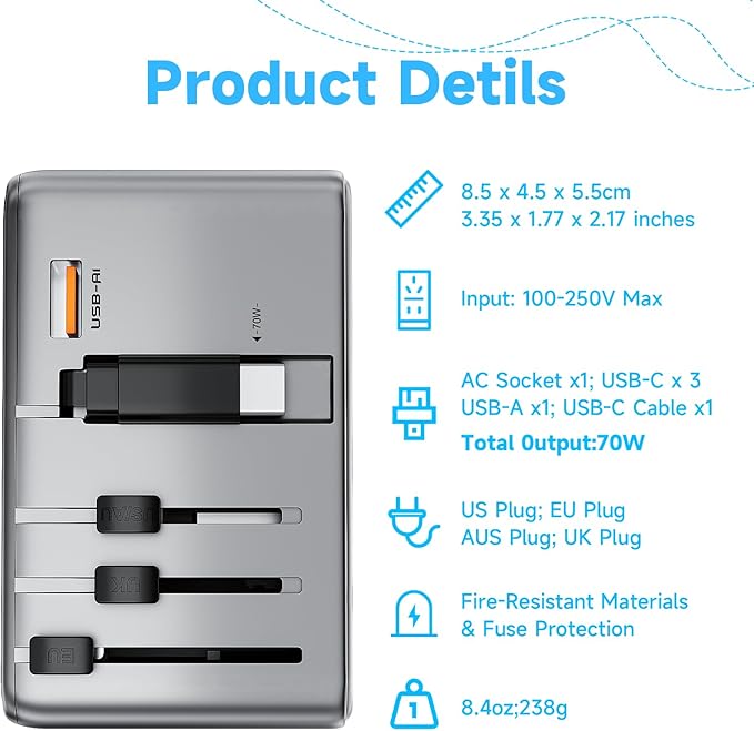 Minthouz Universal Travel Adapter, International 70W Power Adapter GaN Fast Charger with 3 USB-C PD, 1 USB-C Cable & A Ports, All-in-One Portable AC Power Plug Adapter for USA EU UK AUS