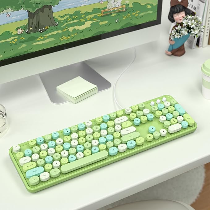 Colorful Computer Keyboards Wired, USB Plug and Play Full Size Typewriter Keyboard, Cute Aesthetic Keyboard with Foldable Stands for Windows PC Laptop (Green)