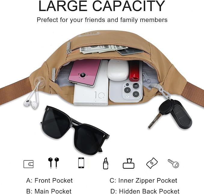 MAXTOP Large Crossbody Fanny Pack with 4-Zipper Pockets,Gifts for Enjoy Sports Festival Workout Traveling Running Casual Hands-Free Wallets Waist Pack Phone Bag Carrying All Phones