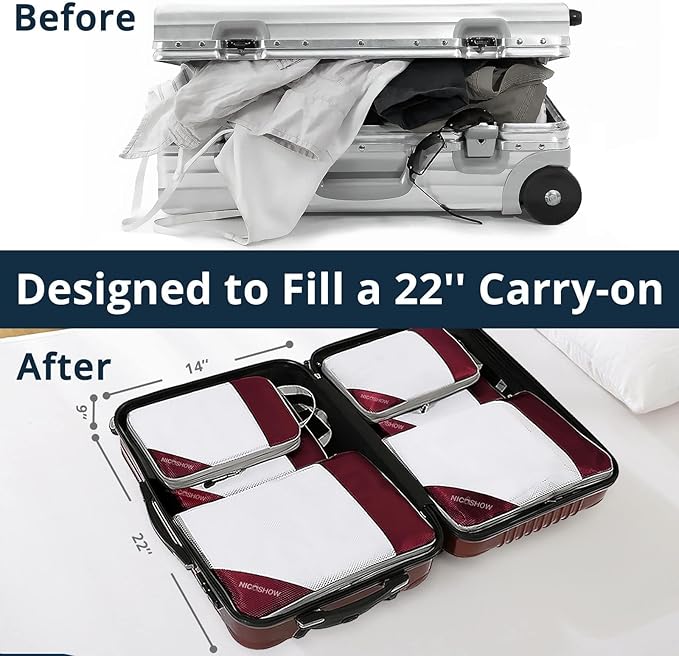 6 Set Compression Packing Cubes for Travel - Compressible, Lightweight, and Space-Saving Packing Cubes, Travel Essentials for Women, Wine