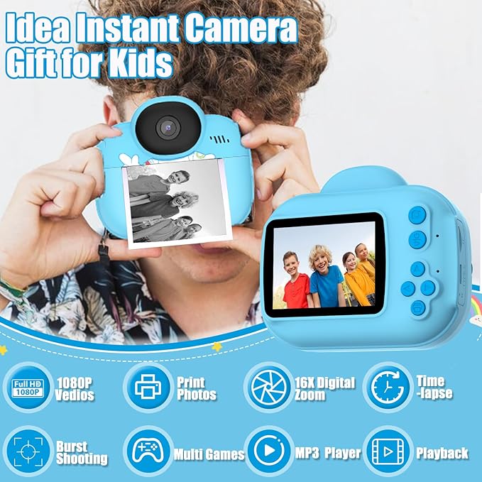 Kids Camera Instant Print Camera for Kids, Toddler Cameras Christmas Birthday Gifts for Girls Boy, 1080P HD Digital Video Cameras, Portable Toy for 4 5 6 7 8 9 10 Year Girl with SD Card (Blue)