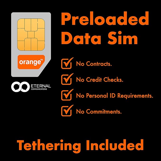 Preloaded Orange Travel Sim Card Now with 30GB of 4G Data, Unlimited Calls & Texts in Europe, 120 mins + 1000 SMS from Europe to Worldwide (Lasts for 31 Days). Tethering Allowed