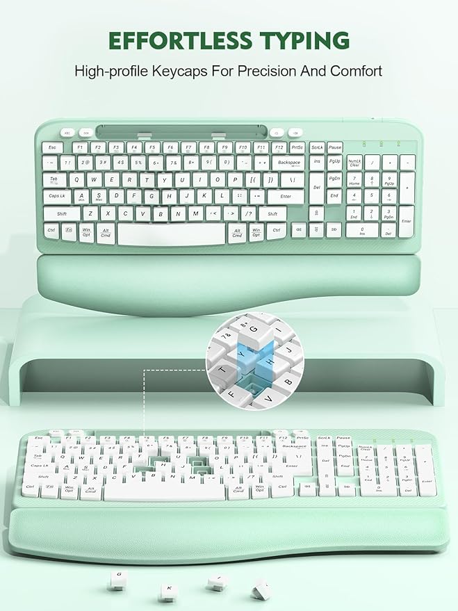 Ergonomic Wireless Keyboard with Cushioned Wrist Rest, Wave Keys, Phone Holder, Comfortable Natural Typing, 2.4GHz Full Size Cordless USB Computer Keyboard for Laptop, Mac, Windows (Mint Green)