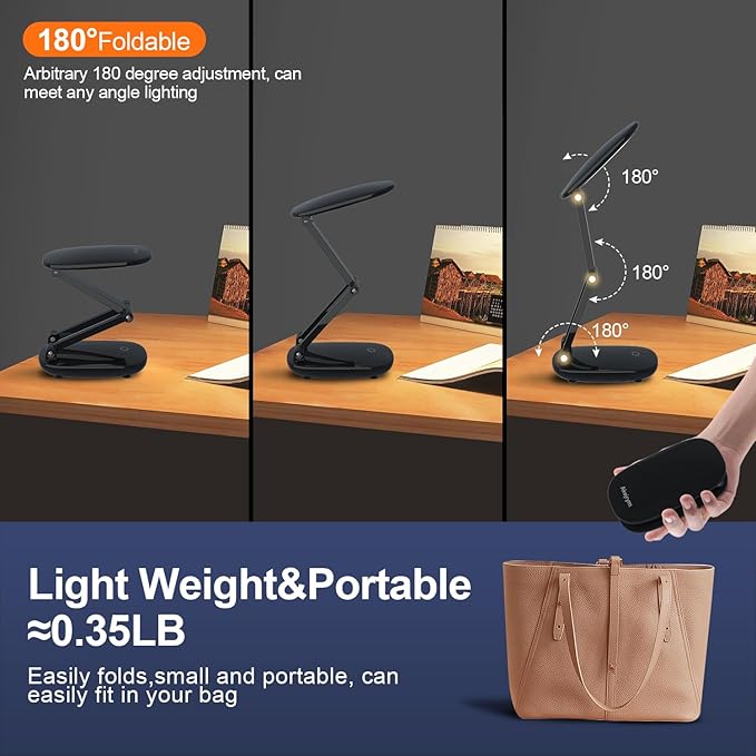 LED Desk Lamp for Office Home & Battery Operated Lamp Rechargeable Lamp Foldable & Portable Light, [2-Fold Bracket] 3 Brightness Dimmable Small Desk Lamp Wireless Reading Lamp (Black)
