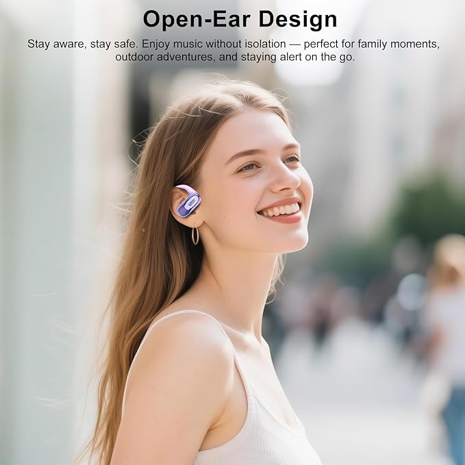 Open Ear Headphones, Bluetooth 5.4 Earbuds, 50H, Air Conduction Ear buds, HD Stereo Bass Over Ear Earphones with Earhooks, Ultra-Comfort Secure, IPX7 Waterproof Headset for Working Sports, Purple