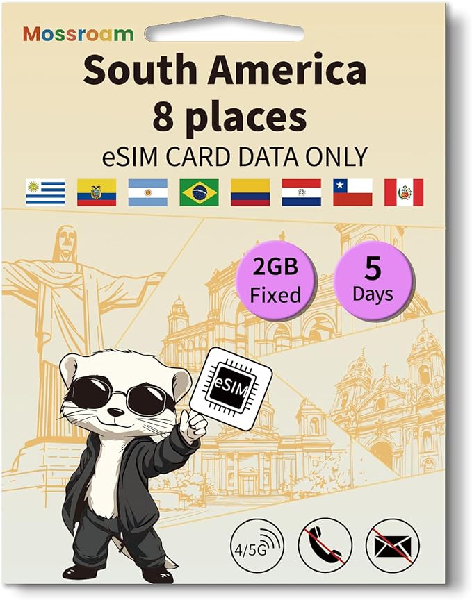 eSIM for 8 Countries in South America Trave Internationa Travel,4/5G LTE Prepaid 5 Days Plan,2GB Daily Data Only