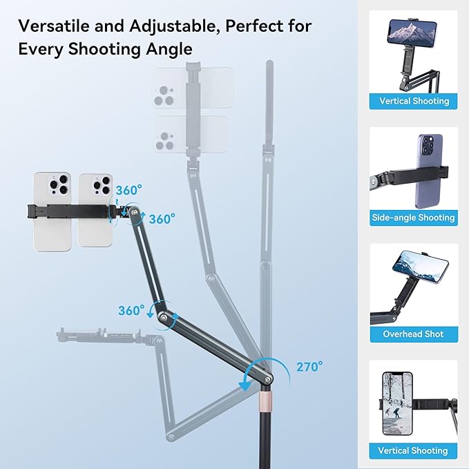 Tablet Floor Stand, Angle& Height Adjustable iPad Floor Stand, 2025 Dual-Device iPad & Phone Mount, 360°Tablet Holder for Live Streaming, Overhead Shots & Multi-Angle Recording (4.7"-13")