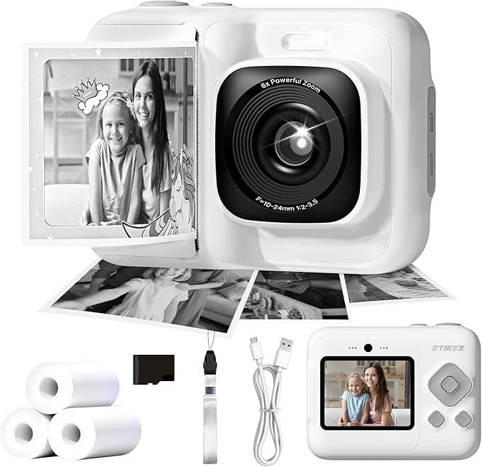 Kids Camera, 1080P Instant Digital Print Camera for Kids, Christmas Birthday Gifts for 4 5 6 7 8 9 10 Year Old Girls Boys, Portable Toy with 32GB SD Card & 3 Rolls Printing Paper, 1 Count, White