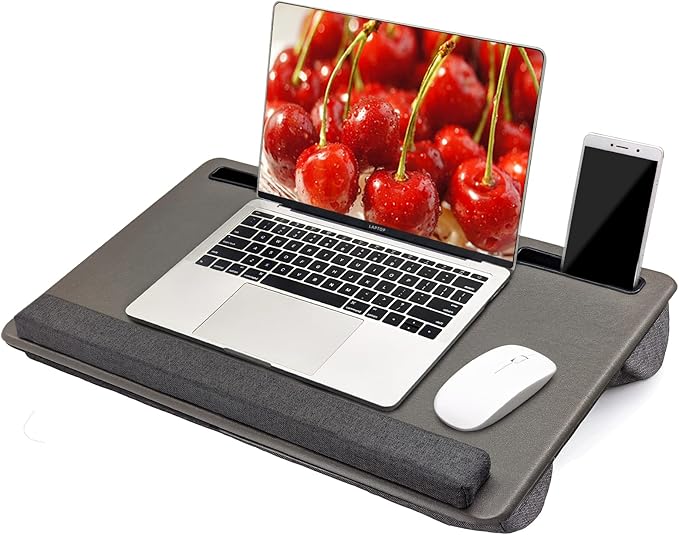 Large Lap Laptop Desk - Full PU Material Mouse Pad Gaming Tray - Portable LapDesk with Phone Holder & Wrist Rest for Notebook, MacBook, Tablet, Bed, Sofa(Gray, Fit Up 17.3-in Laptops)