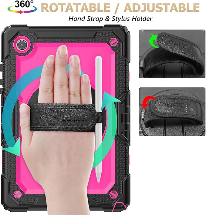 SEYMAC stock Case for Samsung Galaxy Tab A9 8.7'', Full-Body Drop Protection Case with Screen Protector Pencil Holder [360° Rotating Hand Strap] &Stand, Pink+Black