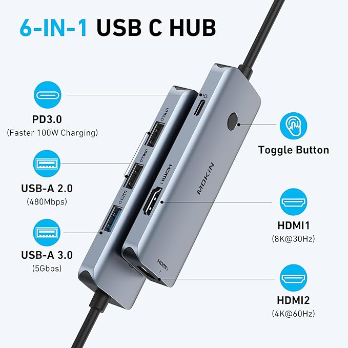 Docking Station USB C to Dual HDMI Adapter, USB C Hub Dual HDMI Monitors for Windows,USBC Adapter with DualHDMI,3 USB Port,PD Compatible for Dell XPS 13/15, Lenovo Yoga,etc
