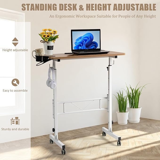 SIDUCAL Small Standing Desk Adjustable Height, Small Mobile Stand Up Desk with Wheels, Rolling Desk for Standing or Sitting, Portable Computer Desk for Walking Pad