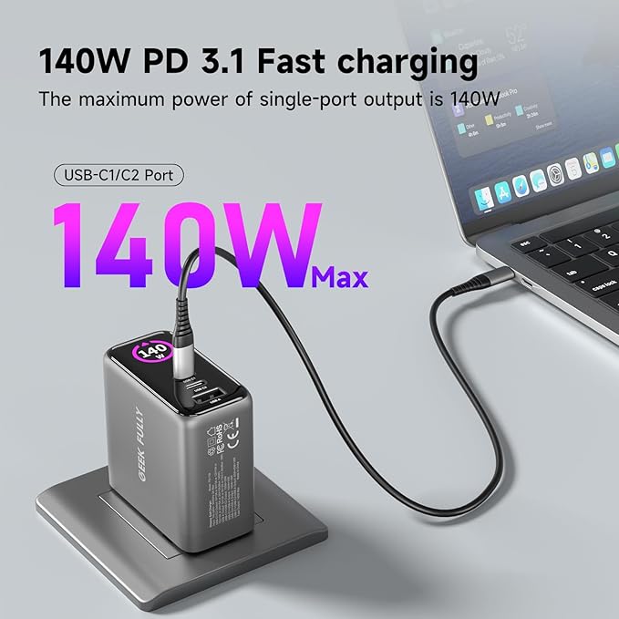 140W MAX USB C Charger | 3-Port Fast Charging Station (2xUSB-C PD3.1 + USB-A QC3.0) | Intuitive Touch Controls, for for MacBook, iPhone 17/16 Series, Samsung Galaxy, Pixel and More