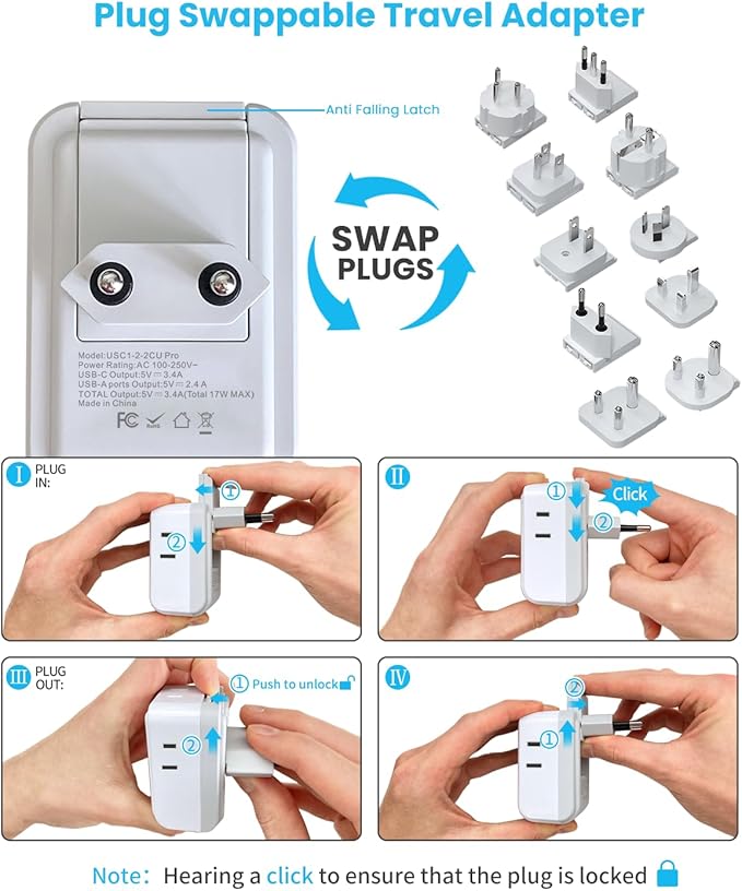 VINTAR Universal Travel Adapter Kit, International Power Adapter with 4AC and 3USB Ports(2 USB-C), Type A,B,C,D,E/F,G,H,I,L,M Swap Adapt Attachments, Travel Adapter Worldwide for Europe/Africa/India