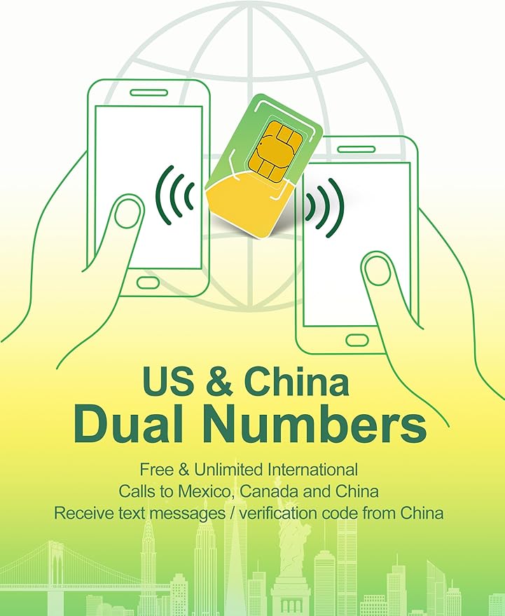 Prepaid SIM Card USA $15/mo - 2GB/Mo. 5G/4G LTE Data + One SIM Dual Number (US & China) + Unlimited US/China/Canada/Mexico Talk & Global Text, Wi-Fi Calling, 3 in 1 SIM Card Included
