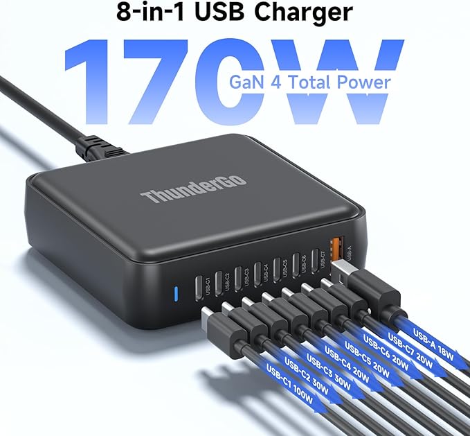 170W GaN Pro USB C Charging Station | 8-Port Desktop Power Hub (7xUSB-C PD3.0 + QC4.0 USB-A) | Smart Charger for MacBook Pro M3 Max | ETL/FCC Certified with Dynamic Power Allocation