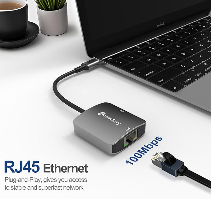 USB-C to HDMI & Ethernet Cable Hub Adapter by PowerEnvy - 4K HDMI, Ethernet 100M LAN, Aluminum Portable Type-C Hub for MacBook Pro/Air, iPad Pro, XPS, MateBook & More