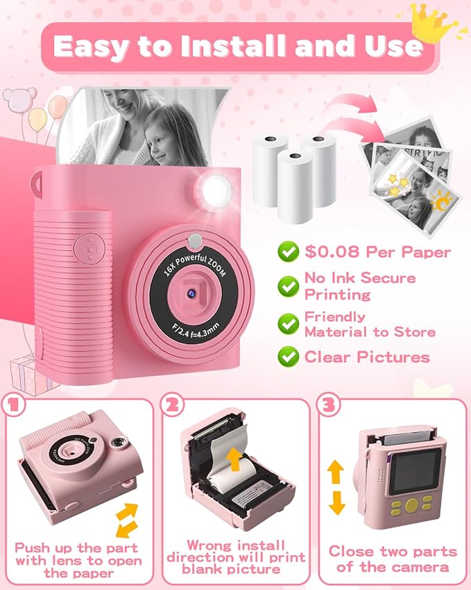 Kids Camera Instant Print, Christmas Birthday Gifts Girls Boys Aged 3-12, HD Digital Video Cameras Toddler, Instant Cameras for 3 4 5 6 7 8 9 10 Year Old Girls Boys with Print Paper