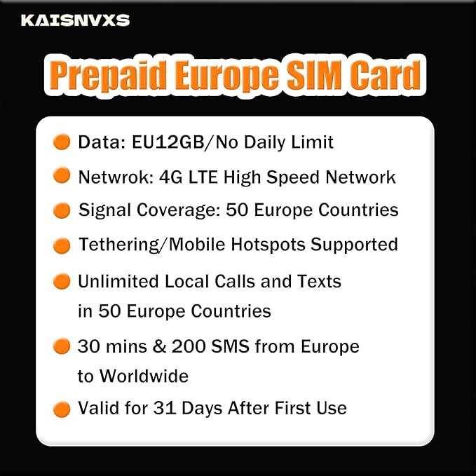 Prepaid SIM Card for Europe Travel with 12GB of 4G Data, Unlimited Calls and SMS in Europe with France Phone Number, 30 mins and 200 SMS from Europe to Worldwide(Lasts for 31 Days),Tethering Allowed