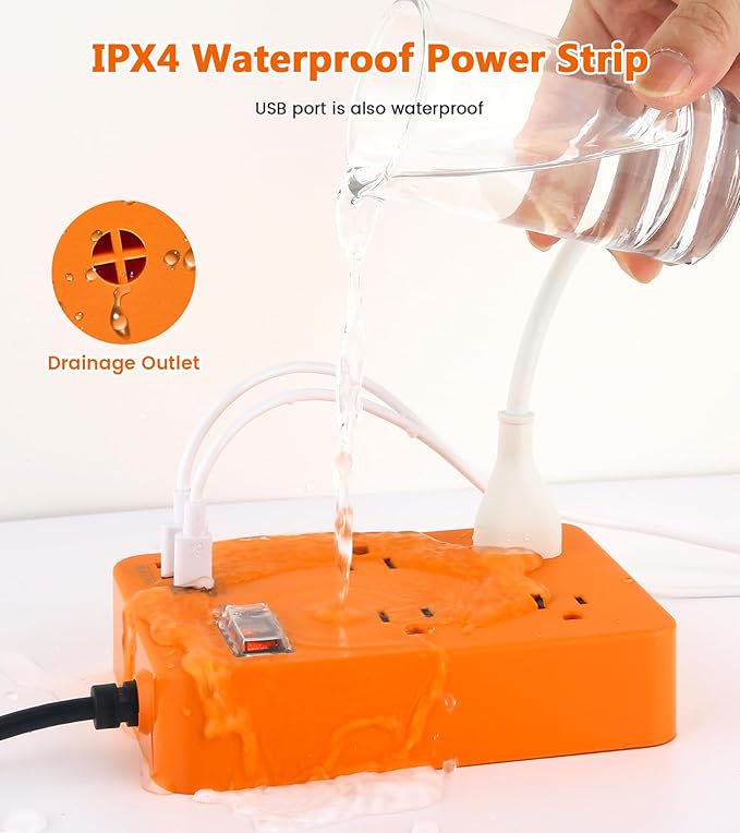 Outdoor Power Strip Weatherproof,Fast Charging Station 20W USB C,Waterproof Surge Protector 4 Outlets, Multi Outlet Extension for Camping, Garden, Kitchen,Bathroom,Flat Plug (Orange, 25 FT Cable)
