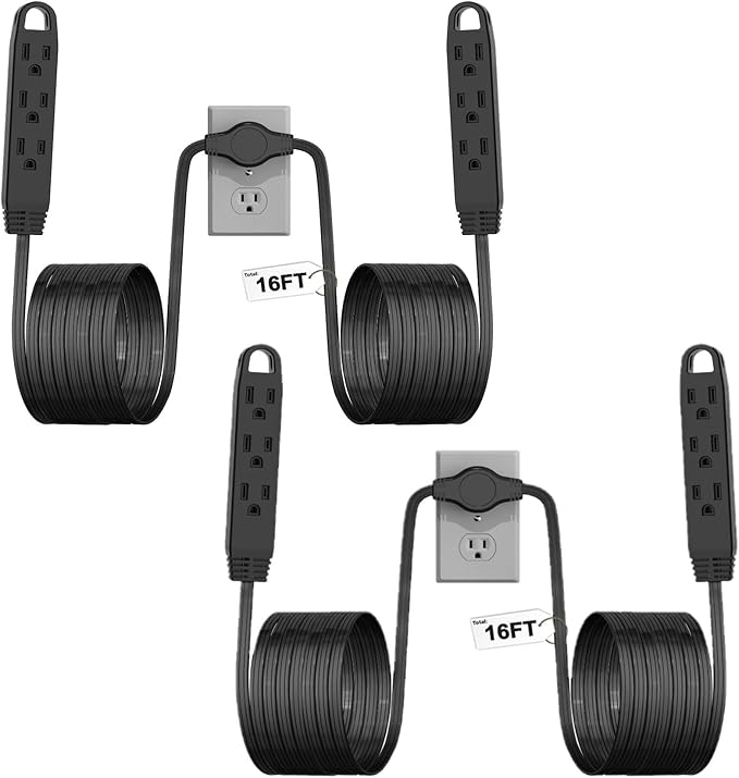 2 Pack 3-Prong 16FT Twin Extension Cord with 6 Outlets - Slim Design for Home Furniture, 16FT Double Cord 8 FT Each Side in Black Color