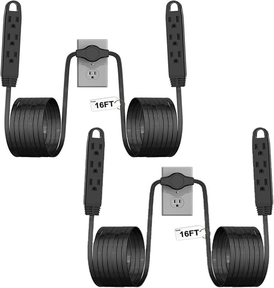 2 Pack 3-Prong 16FT Twin Extension Cord with 6 Outlets - Slim Design for Home Furniture, 16FT Double Cord 8 FT Each Side in Black Color