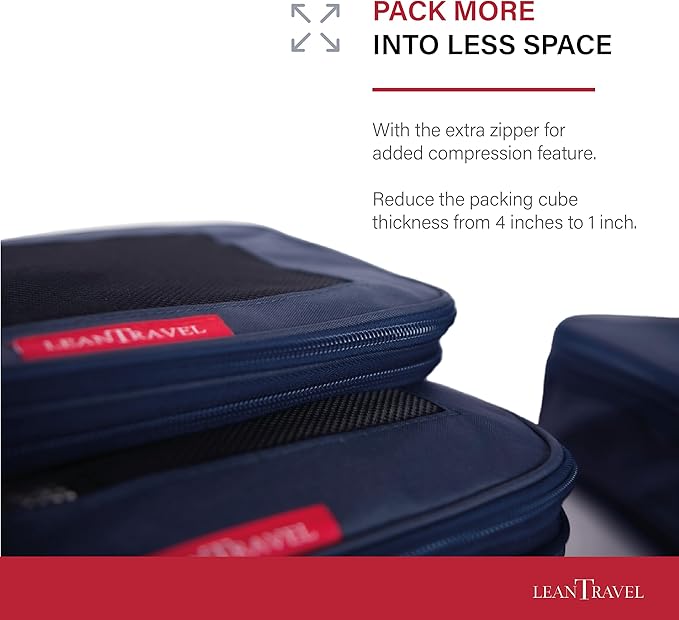 LeanTravel Compression Packing Cubes for Travel Organizers with Double Zipper (6-Pack (2L+2M+2S), Navy)