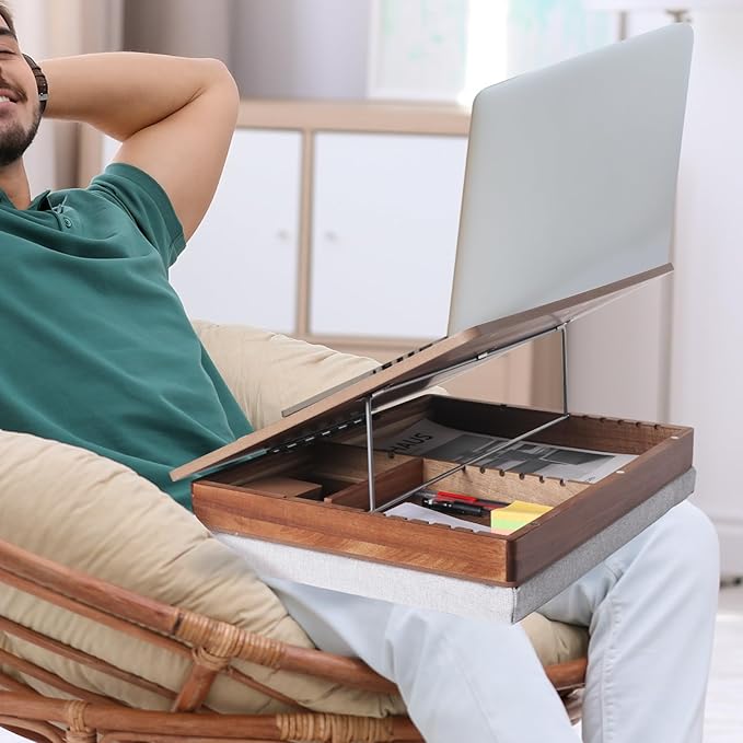 Easel Lap Desk for Adults, Acacia Wood Lap Desk for Laptop with Storage and Cushion, Height Adjusted Laptop Pad for Writing, Drawing, Laptop Work, and More, Fits up to 17.3 Inch Laptop