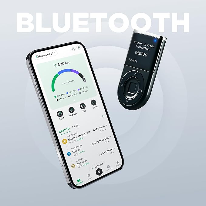 D'CENT Hardware Wallet – Biometric Cold Wallet for Crypto with Fingerprint Authentication | Secure Bluetooth Storage for Bitcoin, Ethereum, XRP, XDC, Solana, Stablecoins & More