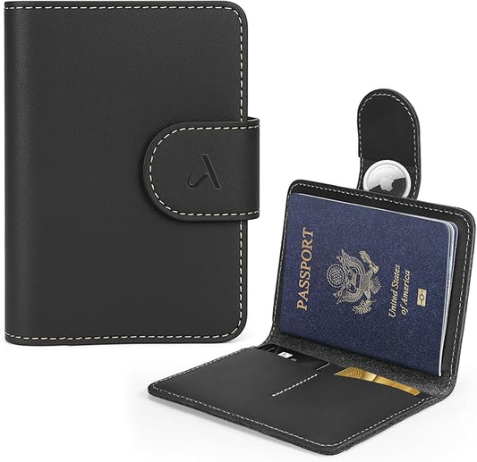 ALLIVE Passport Holder for Travel, Genuine Leather Passport Holder with AirTag Hidden Pocket, Rfid Blocking Passport Cover Travel Wallet for Women Men, Airport Essentials Gift (Black)