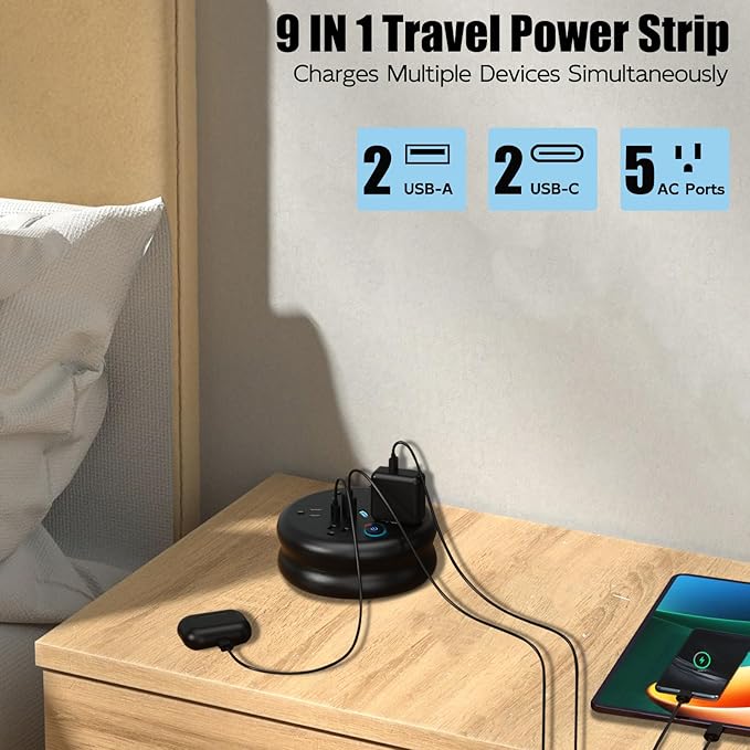 Retractable Travel Power Strip: 10 ft Extension Cord Portable Powerstrip with 5 Outlet 2 Smart USB Port 2 USB C for Travel Cruise Ship Beach Vacation