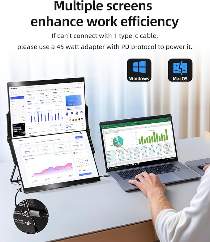 15.6" Dual Monitor, FHD 1080P 100% sRGB Laptop Screen Extender for Windows Mac, with 4 Speakers, 2 HDMI USB C Ports, for Office Gaming Triple Monitor