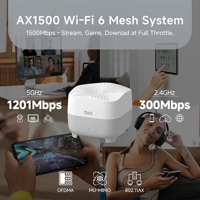 DBIT AX1500 WiFi 6 Mesh Wi-Fi System | 2,100 Sq Ft Coverage & 120 Devices | Dual-Band, Seamless Roaming, Parental Controls | Standalone Router or Mesh Add-On Node | 4 Gigabit Ports Per Unit (1-Pack)