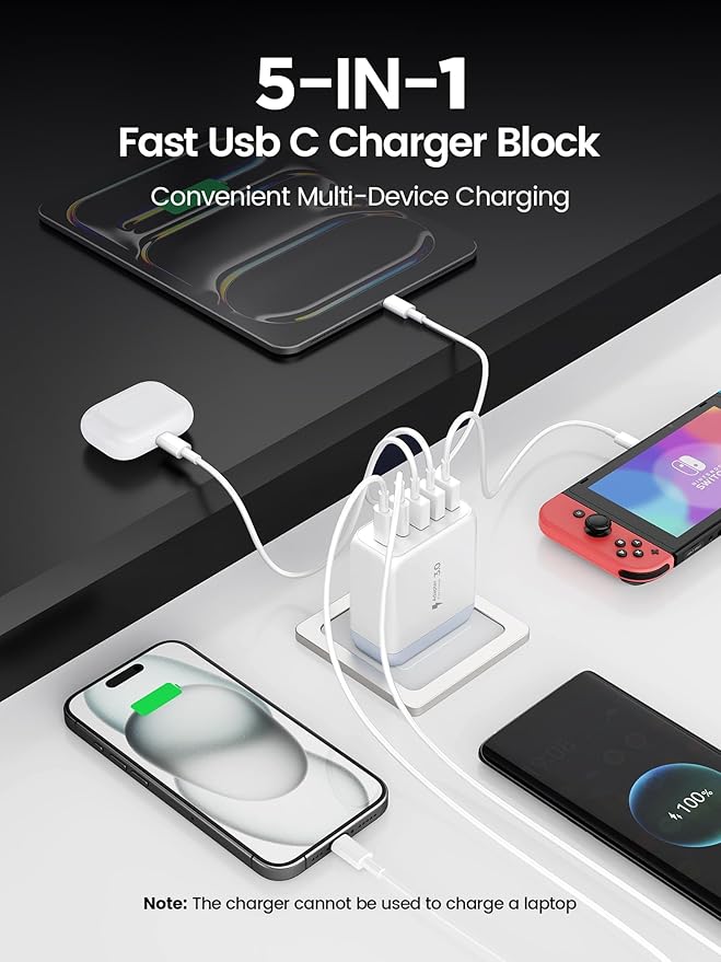 USB C Charger Block, [2-Pack] Type C Charger Fast Charging,50W 5-Port USB Wall Charger Multiport Type C Charging Block Cube for iPhone 17/16/15/14/13/12/11 Pro Max XS, iPad, Samsung & More