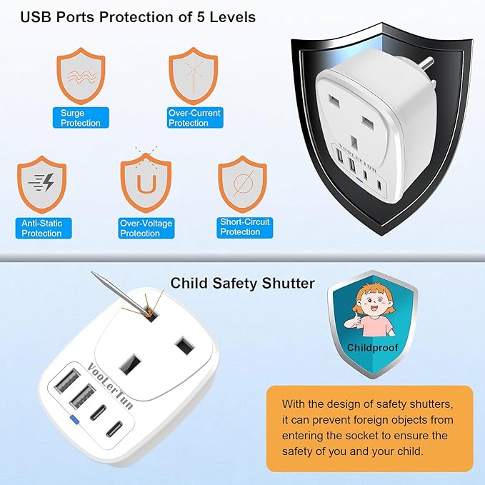 England to US Plug Adapter 2 Packs, UK Type G to US Travel Plug Adapter with 1 lreland AC Outlets, 4 USB Charger Ports (2 USB C), for Dubai, England, Scotland, Hong Kong, Singapore