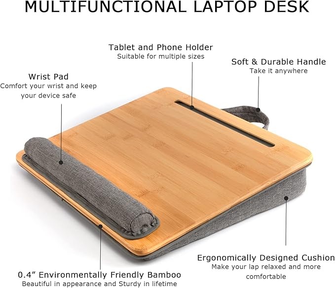 SUMISKY Lap Desk-Portable Laptop Stand with Cushion, Bamboo Platform with Phone Holder, Wrist Pad Fits up to 15.6 Inch Laptops