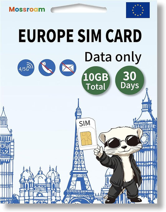 Data SIM Card for Europe Travel 30 Days 10GB Total for Unlocked Phones,Easy Activation 4/5G High-Speed Communication, Coverage of All European Countries