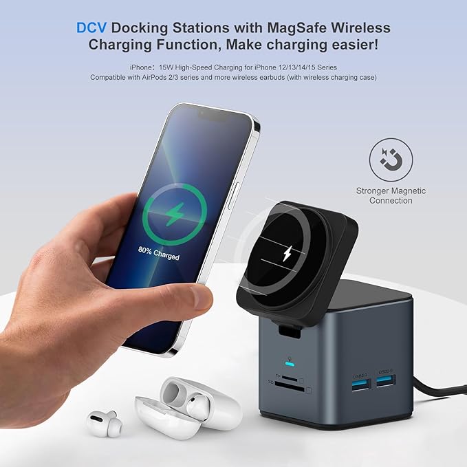 USB C Laptop Docking Station with MagSafe Charger Stand, 9 in 1 USB C Hub Multiport Adapter with 4K HDMI, 1Gbps Ethernet, 3 USB 3.0, SD/TF, Compatible with MacBook/Dell/HP/Lenovo/iPhone (Dark Gray)