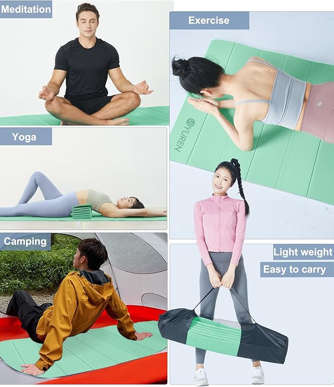 Foldable Yoga Mat 10mm Thick Wide Exercise Mat Non Slip Workout Mat for Home Gym, Travel, with Yoga Carrying Bag