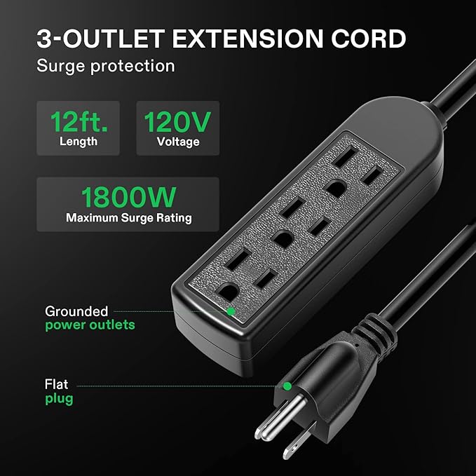 VIVOSUN 12 ft Extension Cord, 3-Outlet Power Strip with 1800W Surge Protection, 15A 14 AWG, Flat Heavy Duty Extender for Indoor Outdoor Use, Garden Home Office, Black