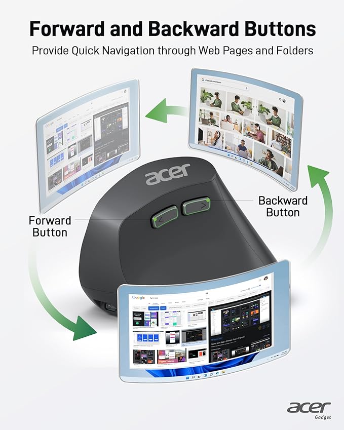 acer Ergonomic Mouse Wireless, Adjustable DPI Vertical Mouse 1000/1200/1600 with 6 Buttons, Rechargeable Ergo Mice with 2.4GHz USB Receiver for Computer, Laptop, PC, iMac and Desktop