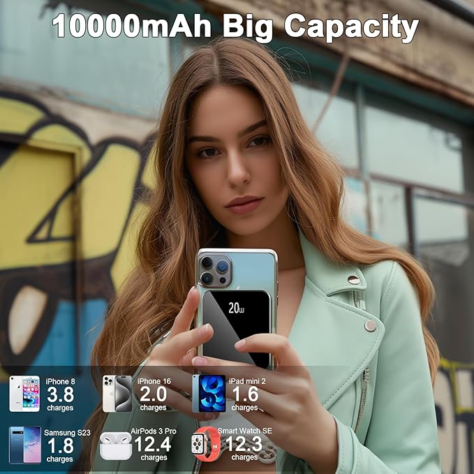 Magnetic Portable Charger, Power Bank 10000mAh with PD 20w Fast Charging, USB C in&Out Battery Pack, Compatible with Mag-Safe for iPhone 13/14/15/16/17 Pro/Pro Max Series, Samsung, Android, and More
