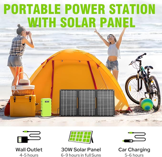 powkey 24000mAh/65W Solar Generator 30W with Panels Included, 88Wh Portable Power Station with AC Outlet, Lithium Battery Rechargeable Powered Bank with 110V AC Outlet for Emergency (Green+Black)