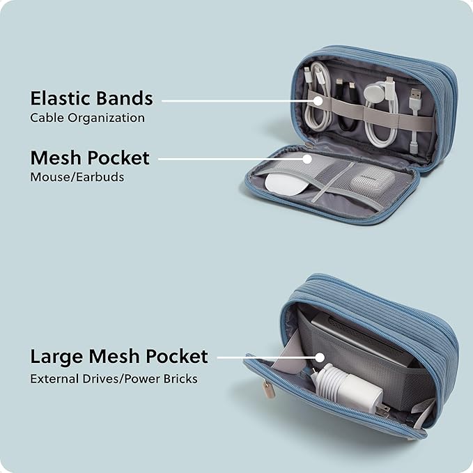 U Brands Dual Zip Corduroy Travel Electronics Organizer, Tech Carry Case, Portable Travel Bag, Cord Storage, 8" x 5.25" x 2.5", Haze Blue