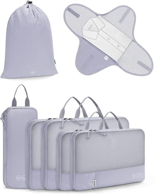WANDF 7 Set Compression Packing Cubes for Travel, Shirt Folder for Wrinkle-Free, Suitcase Organizer Bags Set for Carry-On Checked Luggage Duffle Bag Women Men(Gray-blue)