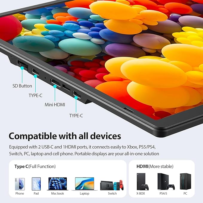 16.2'' Laptop Monitor Extender, 1920 * 1200 USB-C/HDMI with Retractable Stand, Ultra-Slim Laptop Screen HDR Eye Care Computer Display Plug-Play, External Monitor for MAC PC Phone PS4 Switch